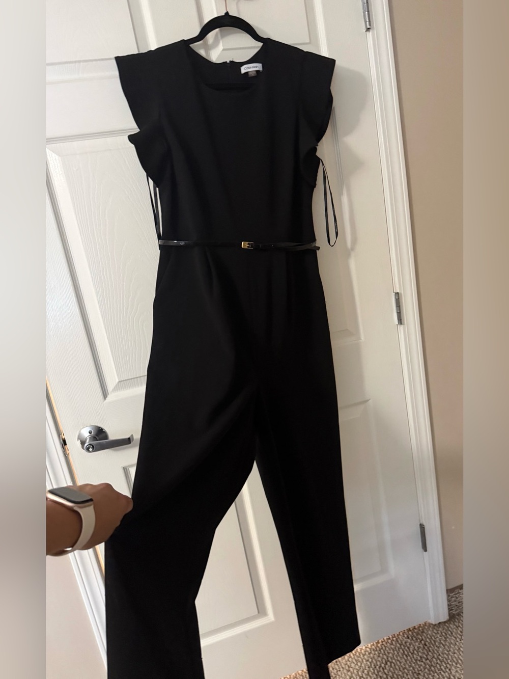 Calvin Klein Black Sleeveless Belted Ruffle-Sleeve Jumpsuit